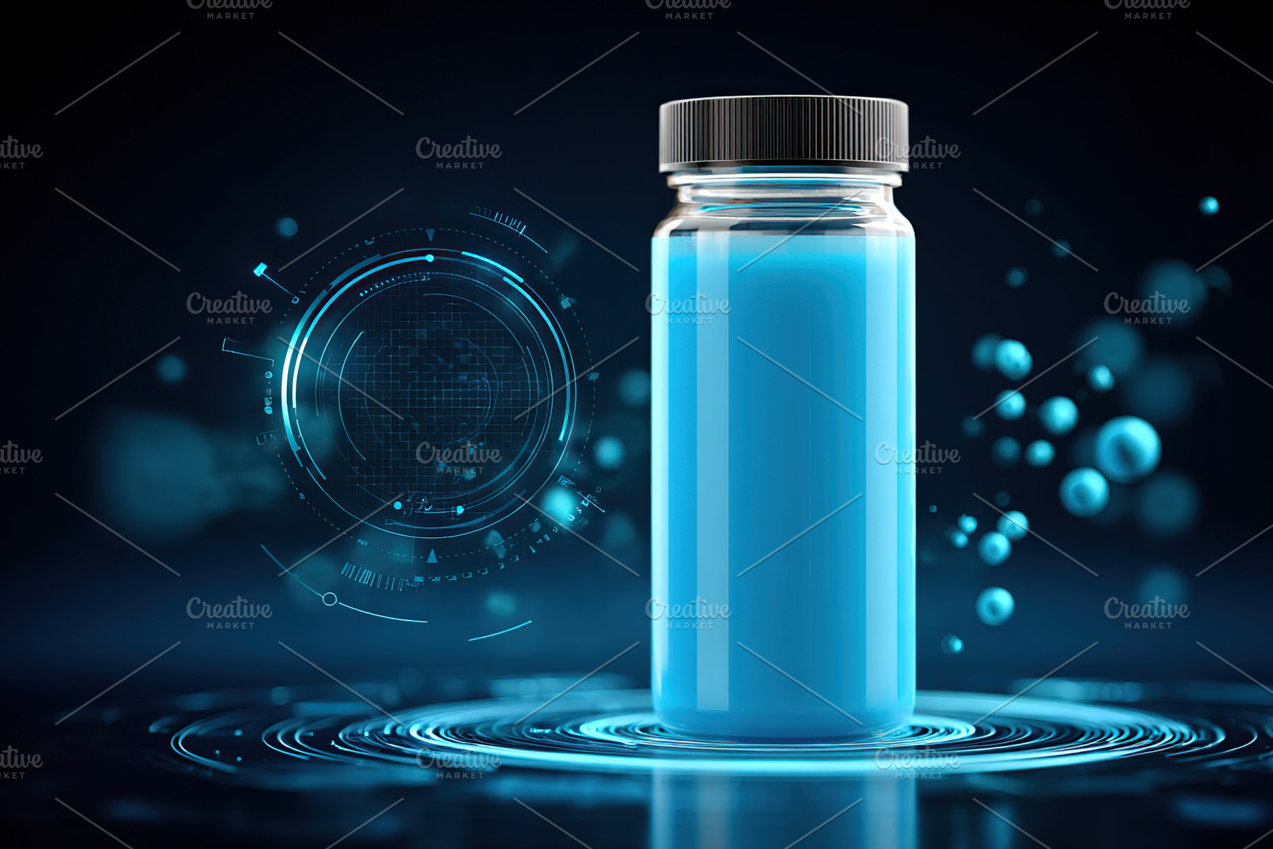 Futuristic nutrient drink displayed on a sleek podium surrounded by digital ele, a Photo by AlyaAnd