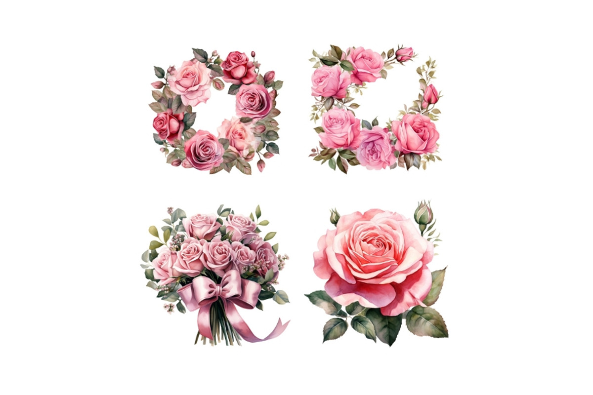 Watercolor Pink Rose Clipart, a Decorative Illustration by HoneyBunnyDigital (Photo 5 of 7)