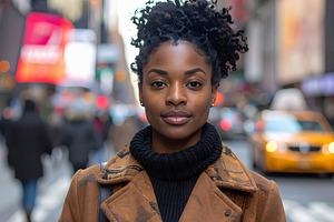 Woman in brown coat standing confidently in busy New York, a Person Photo by GoodGoods