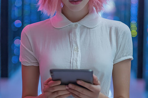 Young woman with pink hair using tab, a Photo by Pixeness Studio