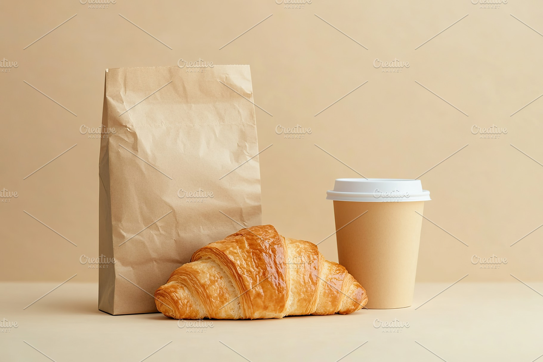 French pastry croissant with paper takeaway bag and cup of drink on beige backg, a Food & Drink Photo by AlyaAnd
