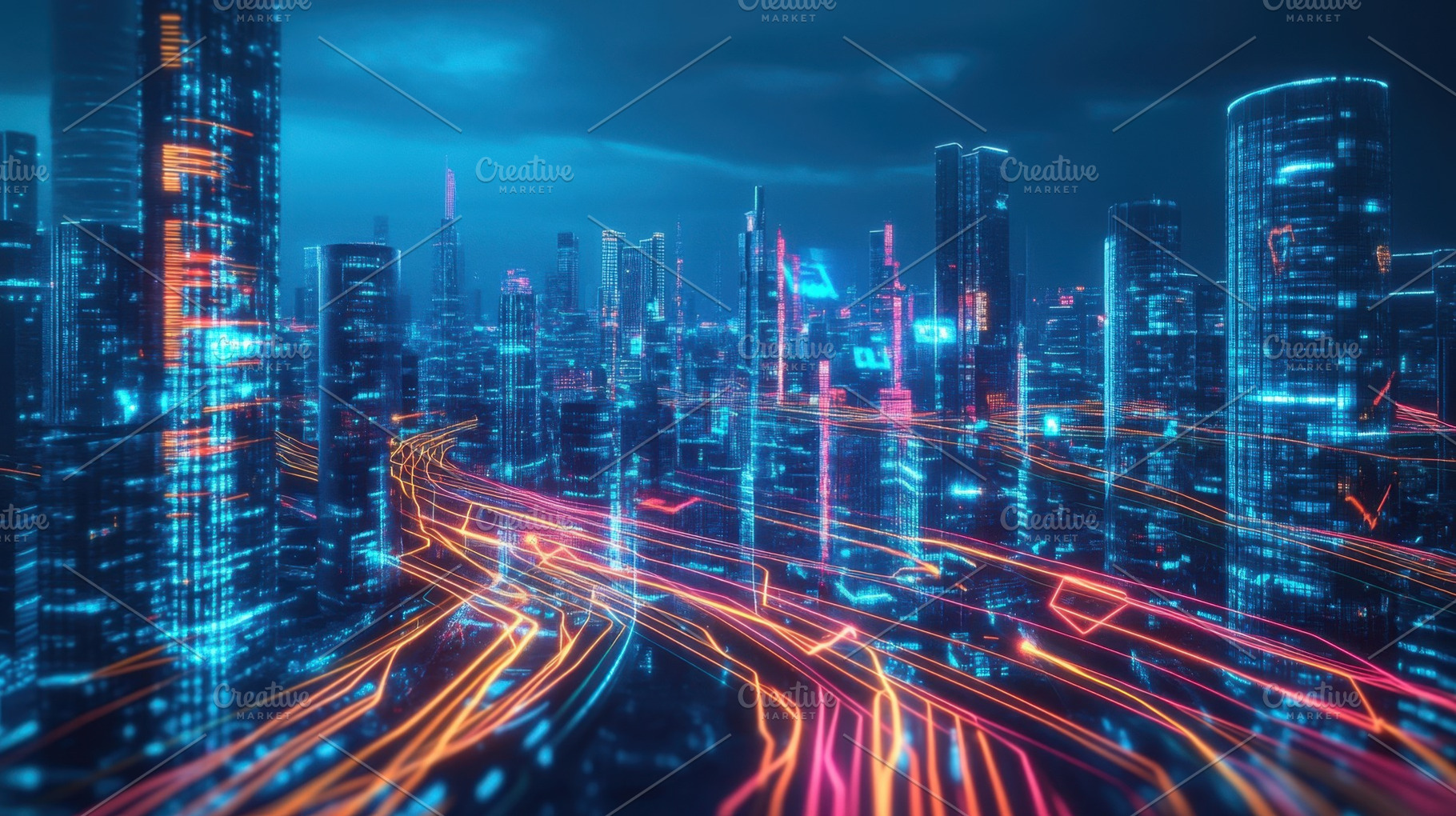 Night skyline with glowing lights, a Photo by Beautiful things