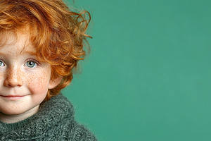 Curly red haired freckled child in dark green knit sweater again, a Person Photo by José Manuel Gelpi