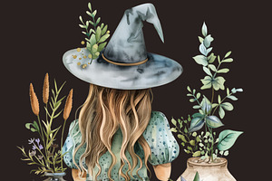 Watercolor Green Witch Clipart