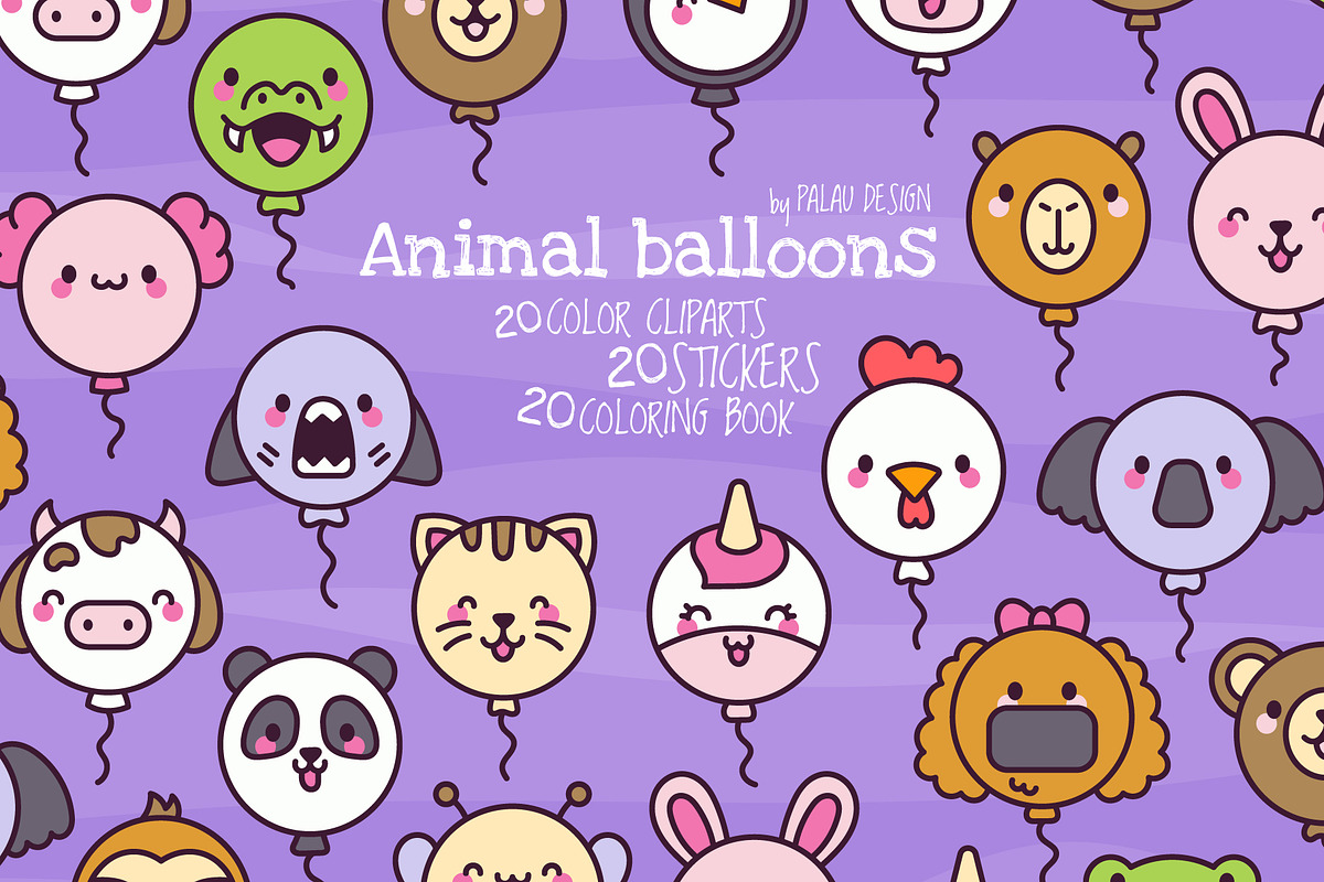 Cute Kawaii Balloons Animals Outline, an Animal Illustration by Palau (Photo 1 of 12)
