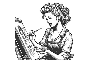 Female Artist Painting on Canvas, a Person Illustration by AlexArt