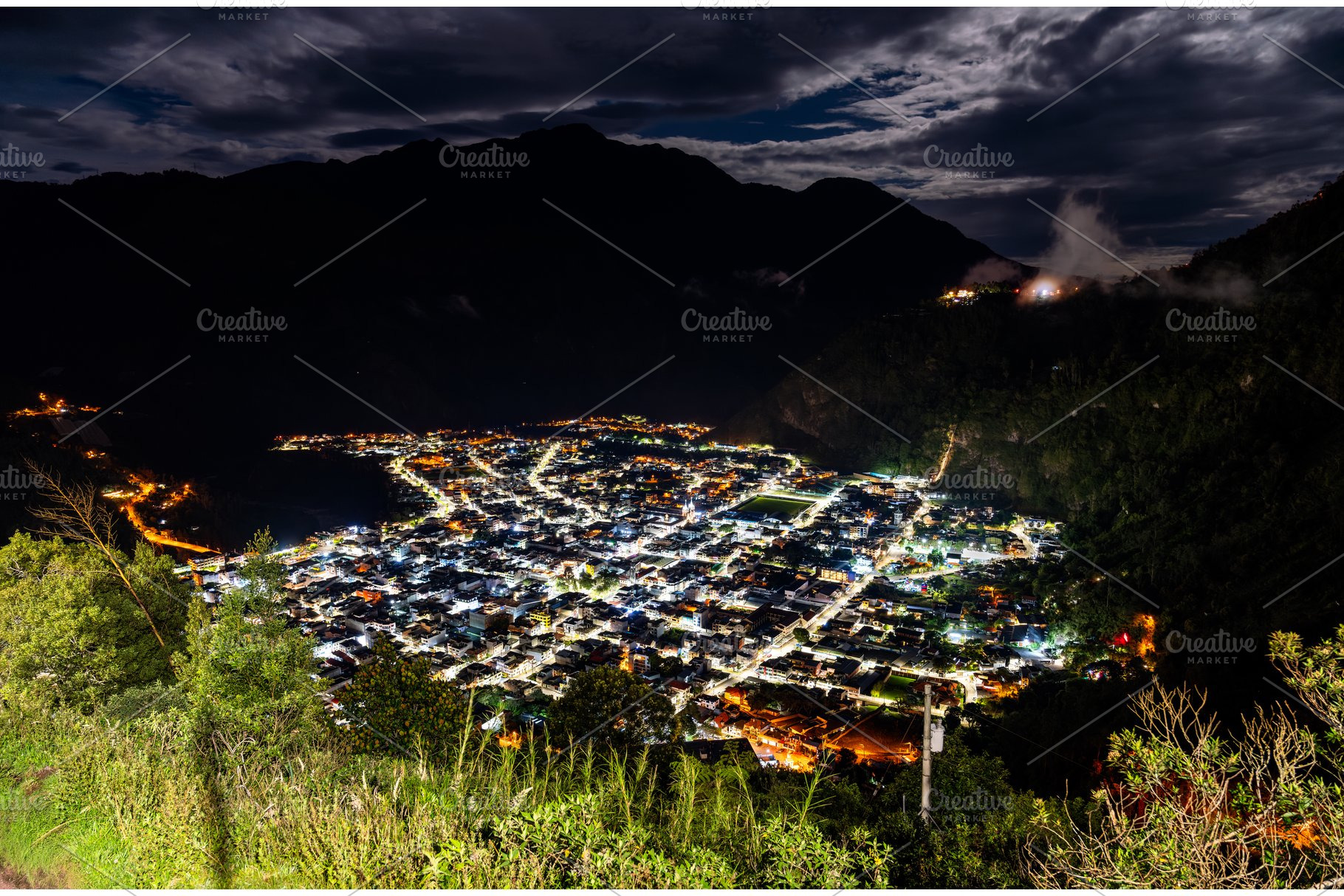 Banos de Agua Santa city lights at night, an Architecture Photo by Leonid Andronov