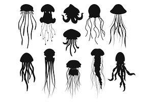 Sea jellyfish black silhouettes, an Animal Illustration by Vectorbuum