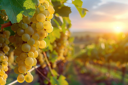 White grape bunches hanging in vineyard on sunset background, a Food & Drink Photo by AlyaAnd