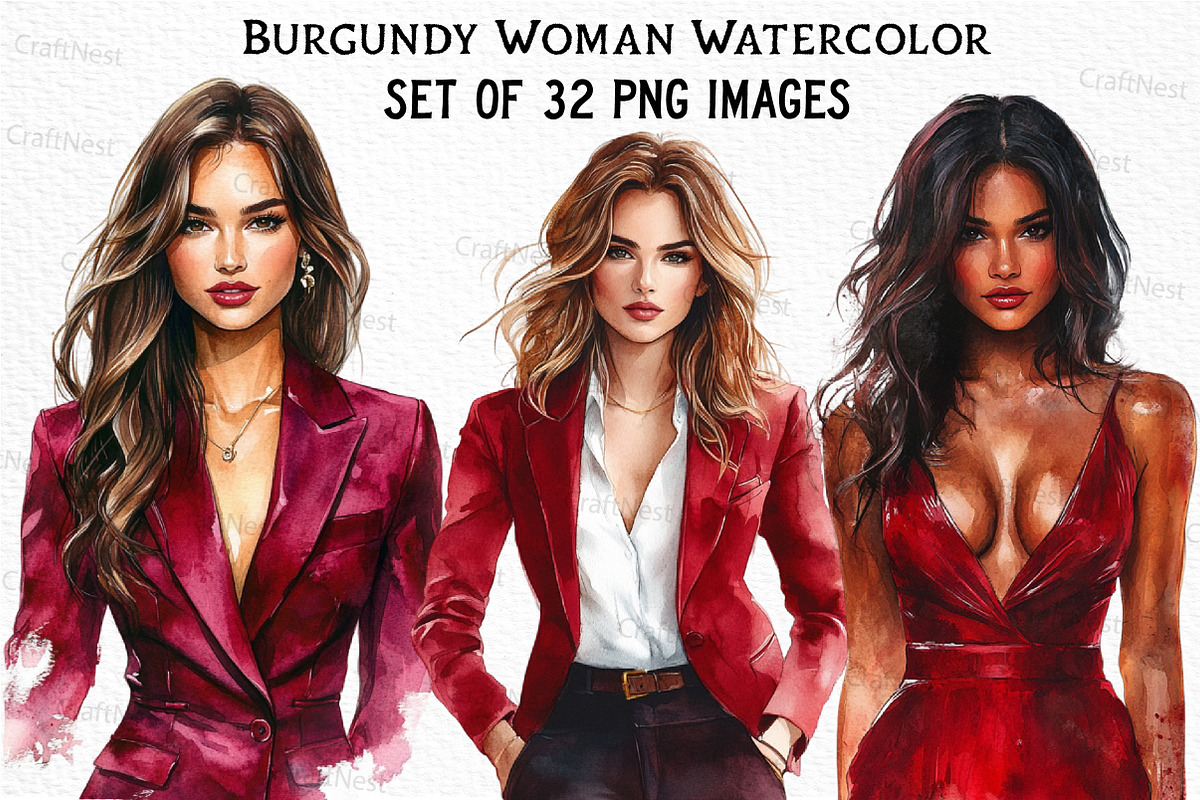 Burgundy Woman Watercolor Clipart, an Illustration by Craft Nest (Photo 1 of 6)