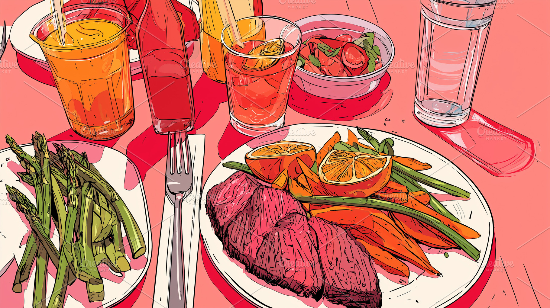Colorful dinner table with steak, a Food & Drink Photo by MistyDay