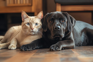 British cat and Labrador dog sitting, a Photo by Pavel_design