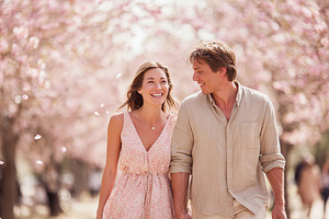 Couple enjoys a spring walk under blooming cherry blossom trees in a beautiful, a Photo by AlyaAnd