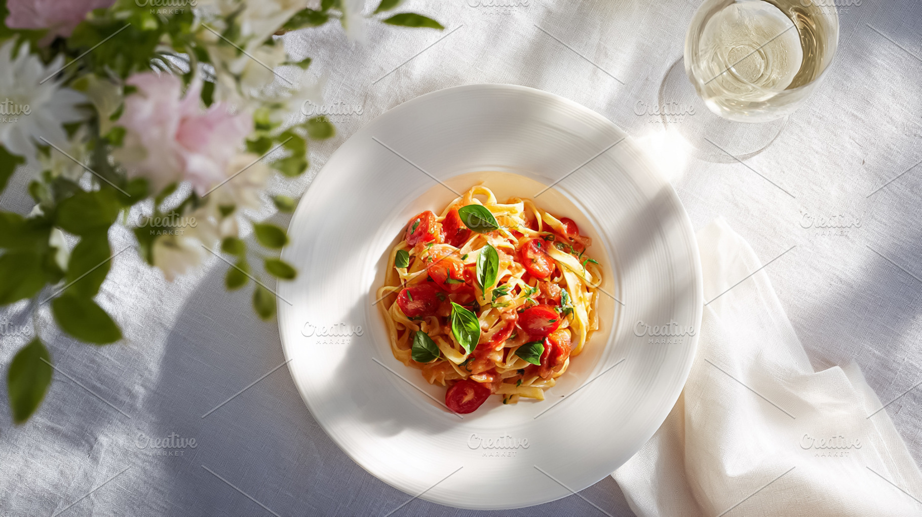 Fresh fettuccine pasta with cherry tomatoes and basil, serving a, a Photo by Studio ANNA