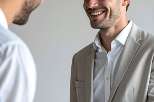 Businessman smiling handshake symbolizing trust and corporate un, a Person Photo by GoodGoods