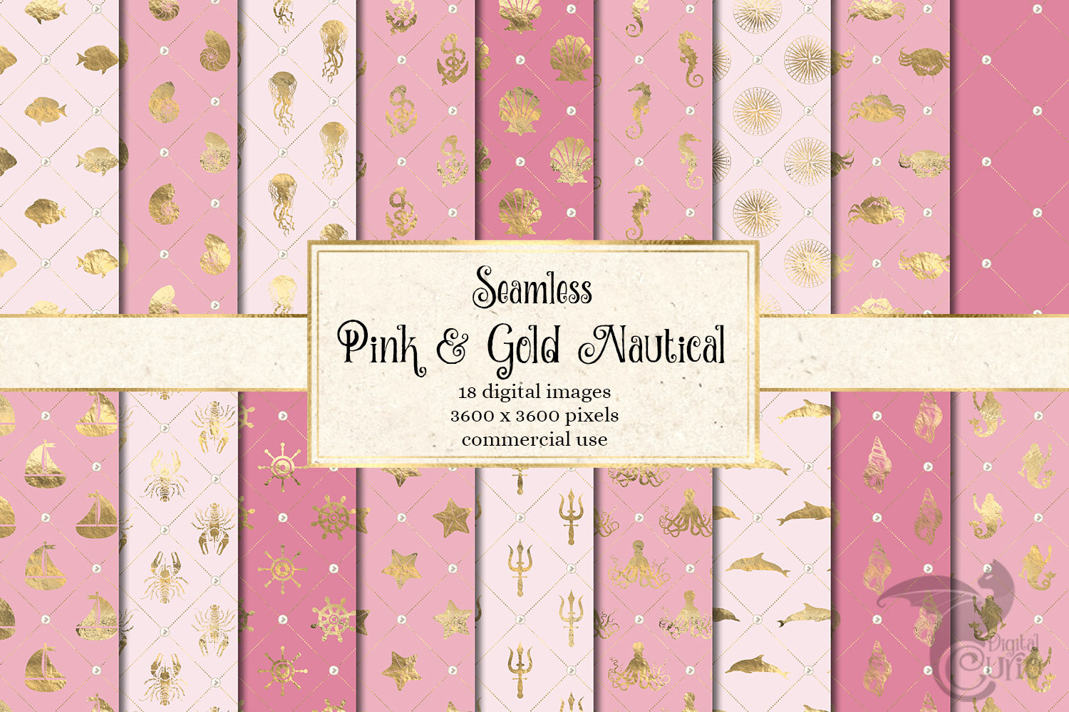 Pink & Gold Nautical Digital Paper, a Pattern Graphic by Digital Curio
