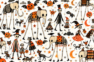 Whimsical Halloween pattern with skeleton elephants, dressed ske