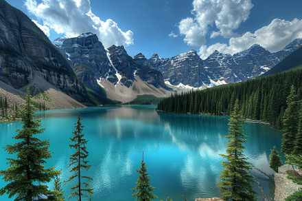 A serene turquoise lake reflects the, a Photo by Tanuart