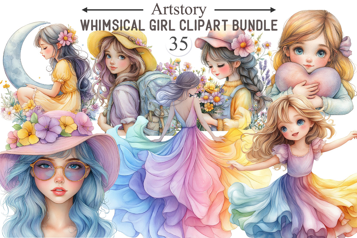 Whimsical Girl Clipart Bundle, an Illustration by designcity5 (Photo 1 of 5)