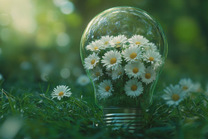 Sustainable Energy Concept with Light Bulb and Flowers, an Abstract Photo by Natalia Klenova's Shop