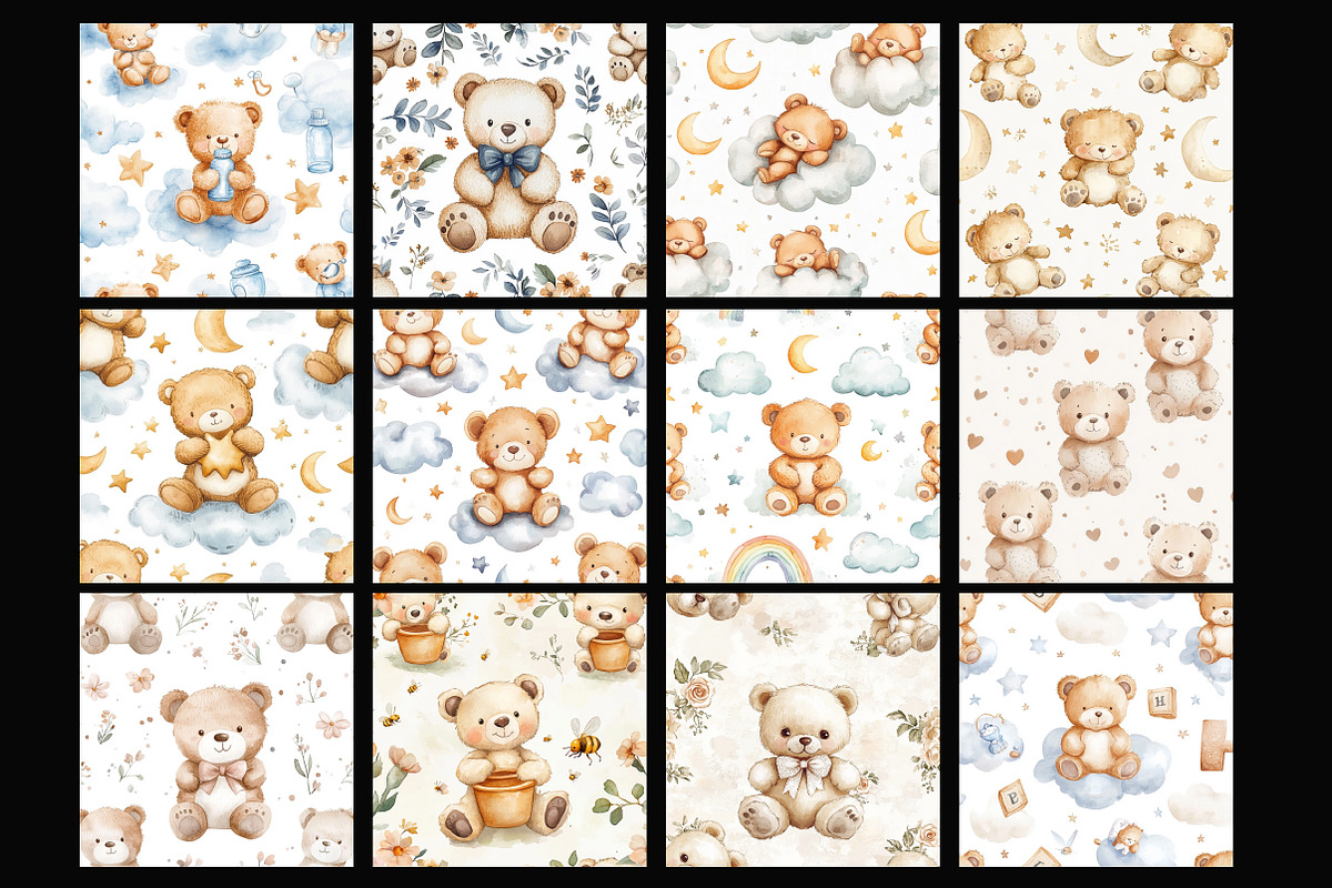 Watercolor Teddy Bear Seamless Patte, a Pattern Graphic by Design Market (Photo 2 of 4)
