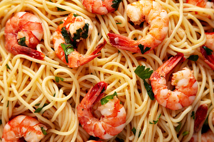 Homemade Cooked Garlic Shrimp Scampi on a Plate, top view. Flat, a Food & Drink Photo by LiudmylaChuhunova