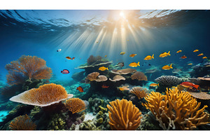 A coral reef teeming with bright, a Nature Photo by Igor Tichonow