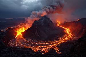 Volcanic Eruption Lava Flow Night Sc, a Photo by Pixeness Studio