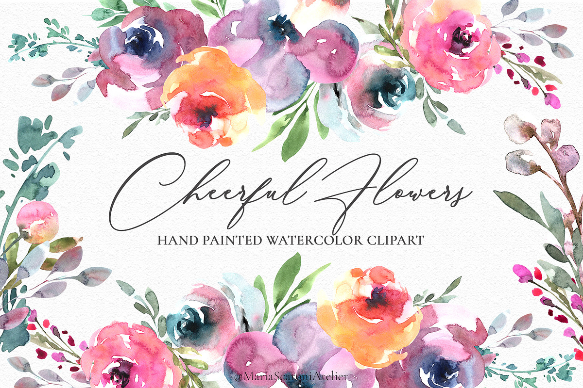 Cheerful Flowers-Watercolor Clipart, a Decorative Illustration by MariaScaroniAtelier (Photo 1 of 7)
