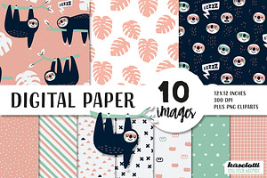 Sloth pink Digital Paper and Clipart