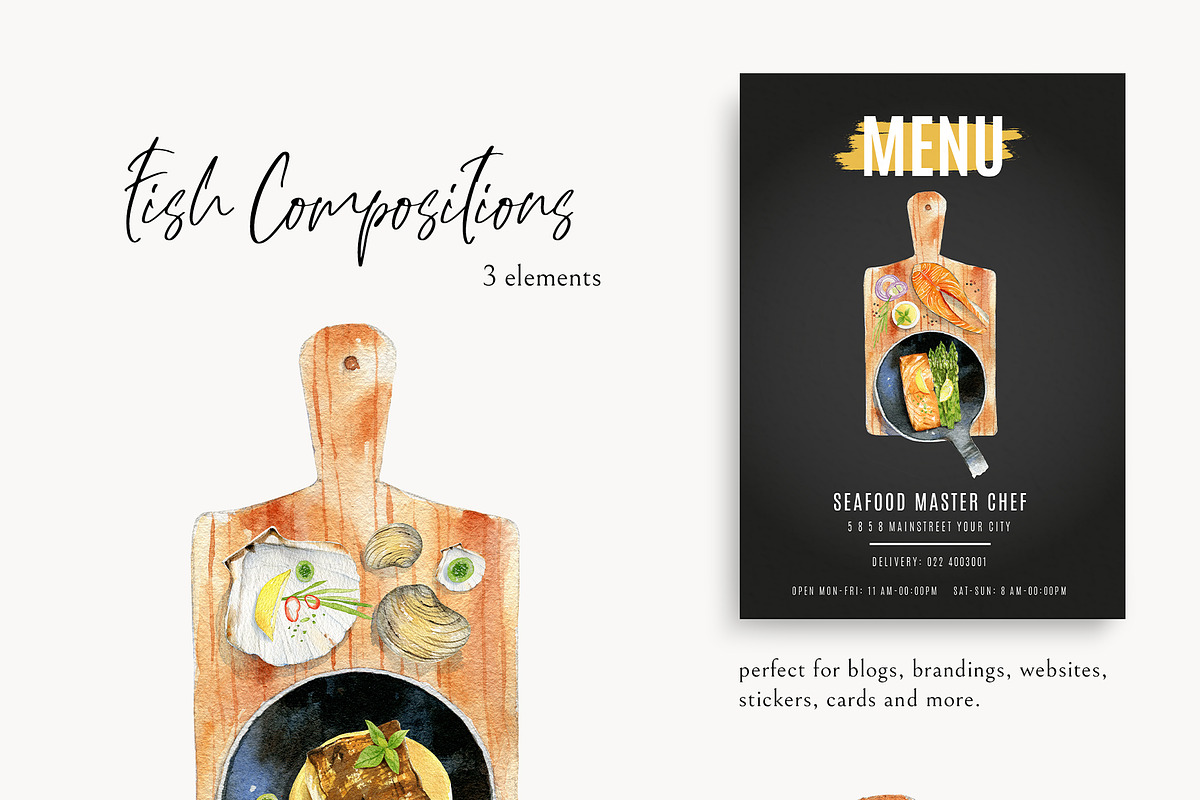 Watercolor Cooking Clipart, Fish., an Object Graphic by NiKO (Photo 3 of 7)