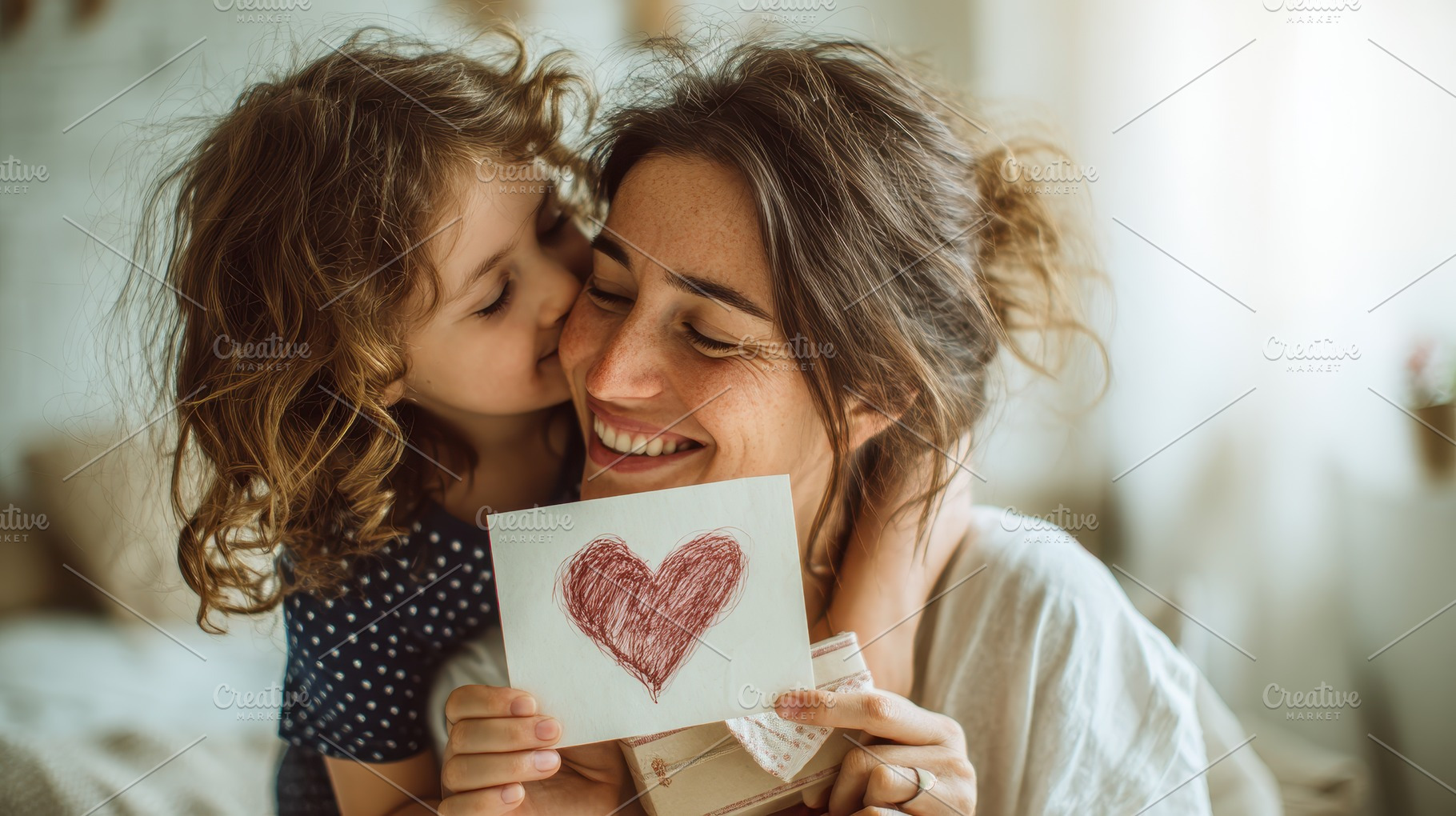 Child kisses mom holding heart card, a Photo by Pixeness Studio