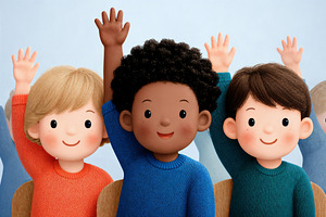 Engaged student group raises hands for participation, a School & Education Photo by OSORIOartist