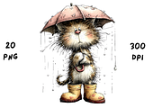 Whimsical Funny Rainy Cat Clipart, an Animal Illustration by GiraffeCreative (Thumbnail 2 of 20)