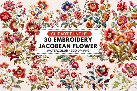 Embroidery Jacobean Flower Clipart, an Object Graphic by Regulrcrative
