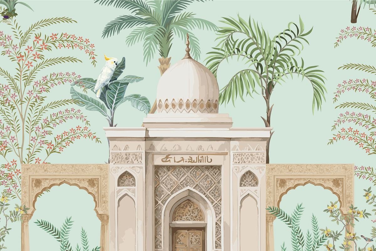 Mughal palace with tropical flora, an Illustration by Mughal Wallpaper