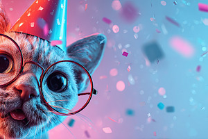 Cute cat with party hat and glasses surrounded by colorful confe, an Animal Photo by Ales Munt