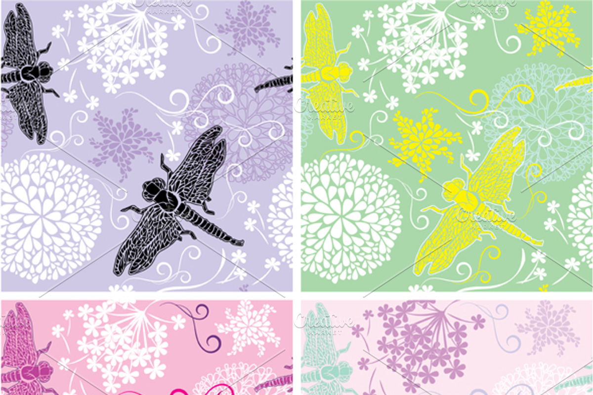 4 patterns with flower and dragonfly preview 2