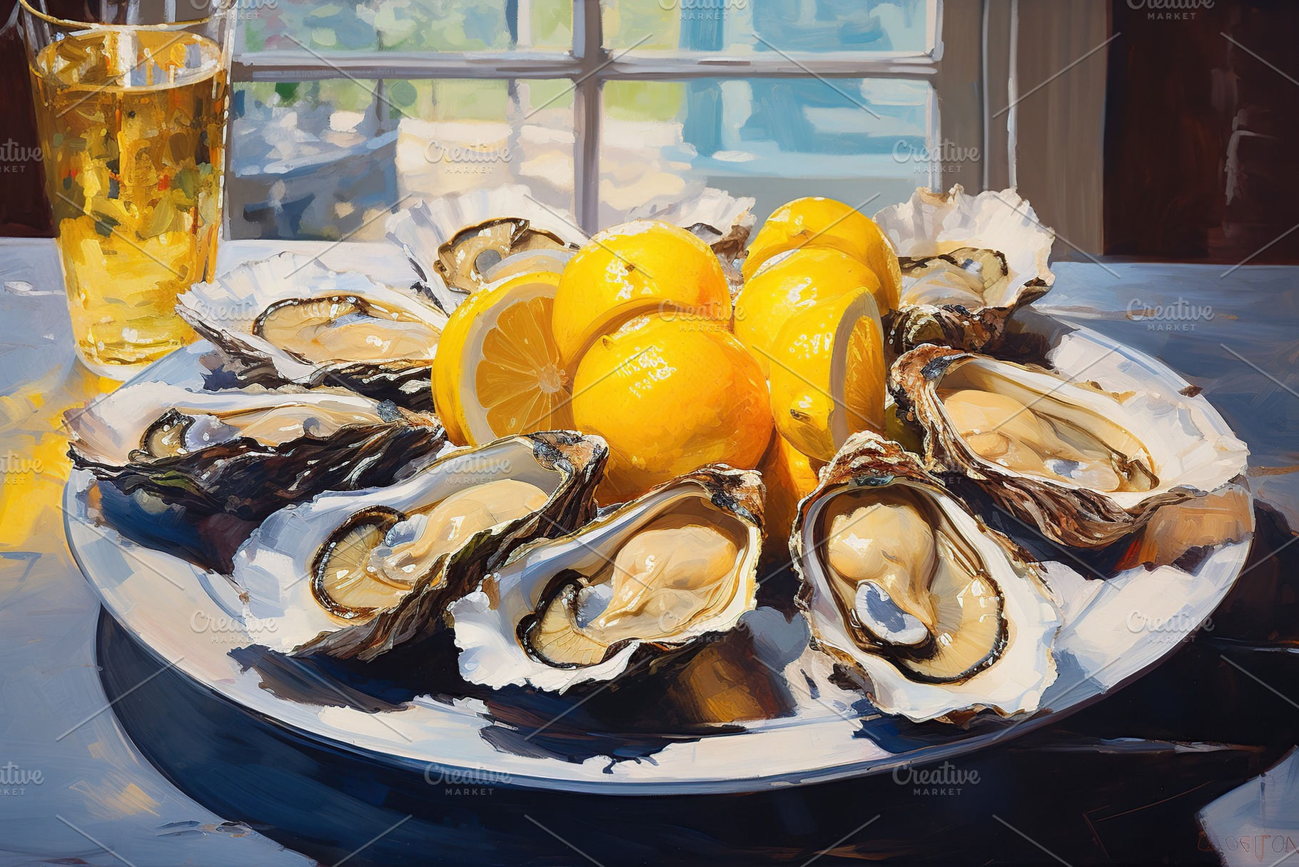 Illustration of fresh oysters with lemon on blue background, a Food & Drink Photo by AlyaAnd
