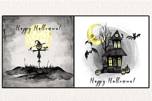 Watercolor Halloween Village Set