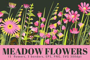 MEADOW FLOWERS: clipart & borders, a Seasonal Illustration by Elliko shop