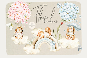 Floral Cute Bunnies. Watercolor Baby