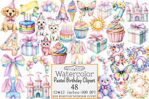 Watercolor Pastel Birthday Clipart, a Seasonal Illustration by Design Market