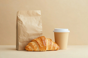 French pastry croissant with paper takeaway bag and cup of drink on beige backg, a Food & Drink Photo by AlyaAnd
