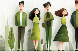 A creative illustration of people in an urban eco-friendly cityscape, an Illustration by AS photostudio