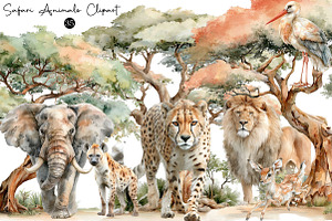 Watercolor Safari Animals Clipart, an Illustration by DreamCafeArt