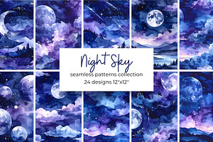 Moon & Night Sky Seamless Patterns, a Pattern Graphic by Anna Design Studio