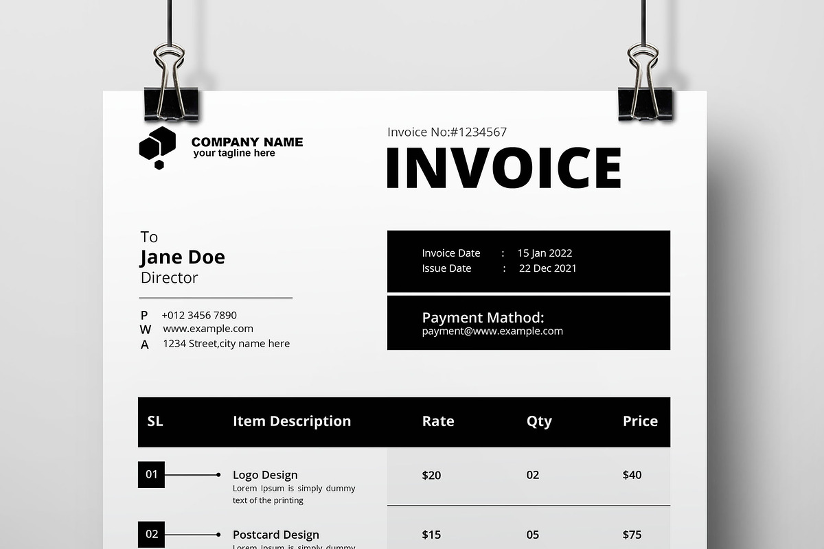 Black Invoice Design Layout, a Stationery Template by MightyDesign (Photo 2 of 6)