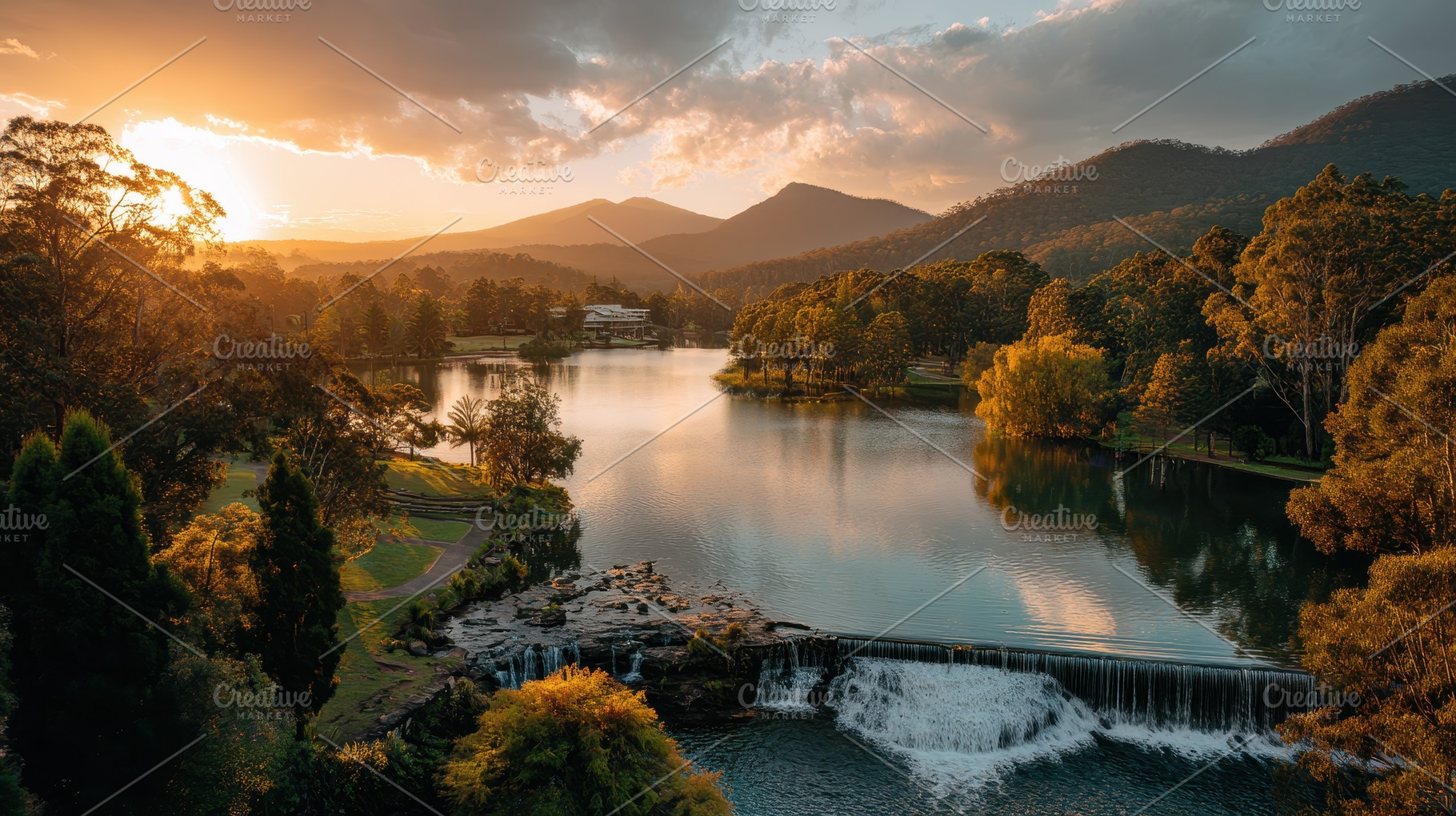 Sunset over a lake in a rural area, a Photo by Pavel_design