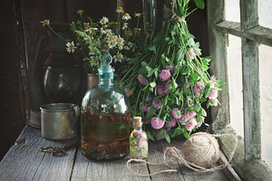 Clover tincture, oil, healthy herbs., a Health & Medical Photo by chamillewhite